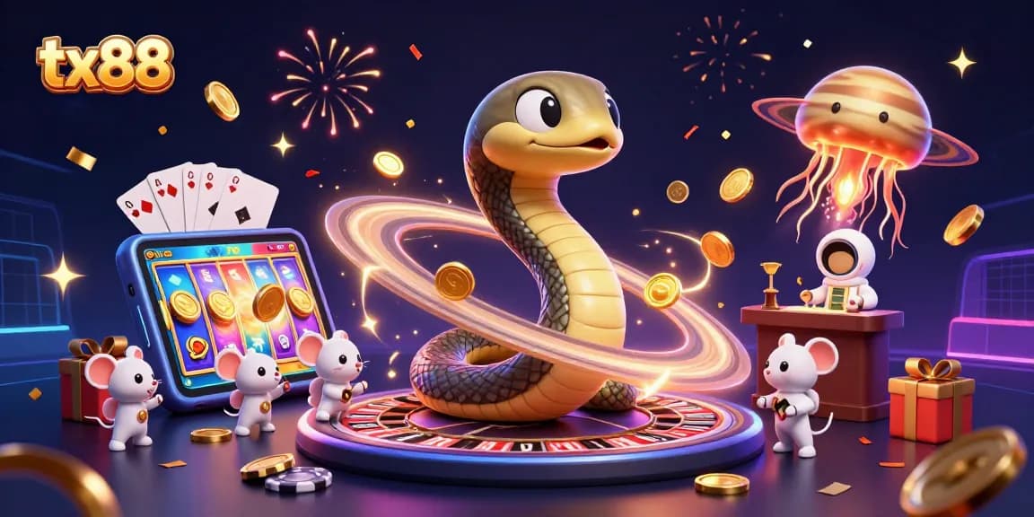 Experience cosmic bets with tx88 in a vibrant 3D casino illustration featuring playful characters.