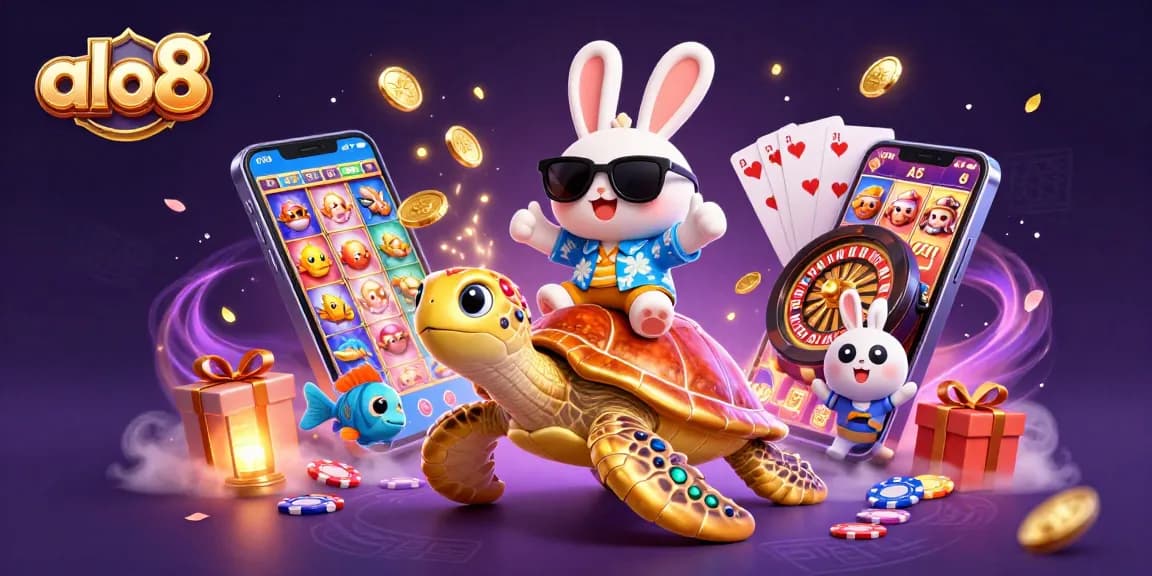 Engage in exciting gaming adventures at alo8 with a lucky rabbit and golden sea turtle illustration.