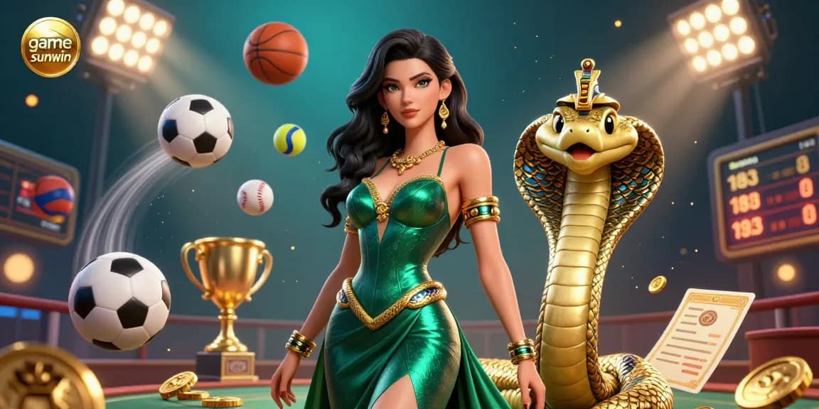 Play game sunwin with a stunning scene of a glamorous woman, golden cobra, and dynamic casino elements.
