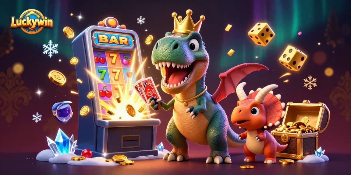 Luckywin showcases vibrant 3D characters enjoying a thrilling casino adventure with slot machines and golden chips.