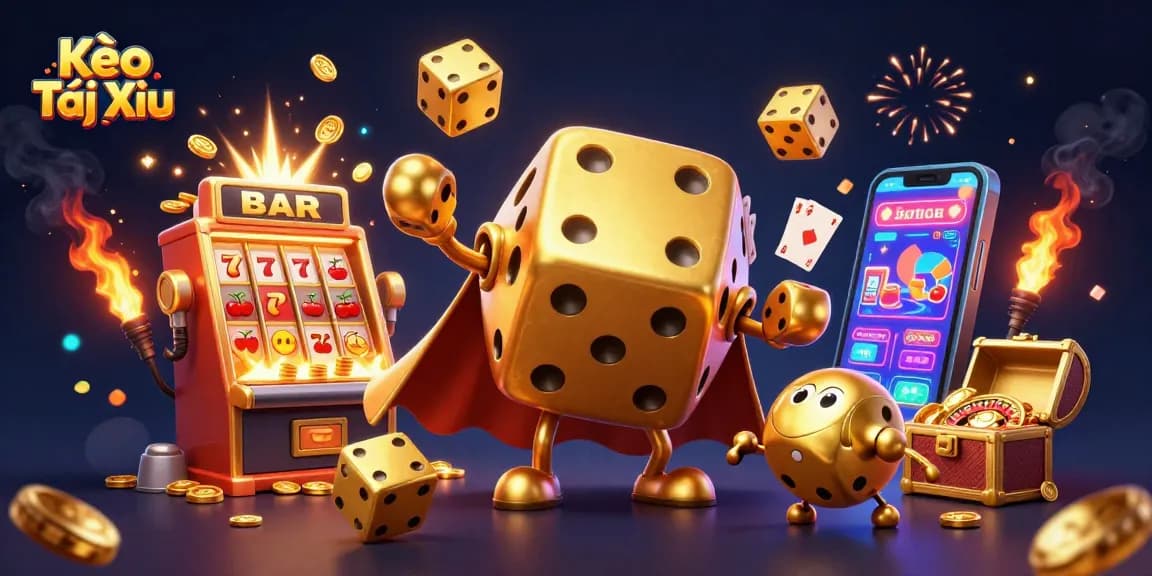 Kèo Tài Xỉu features vibrant dice characters and exciting casino elements in an action-packed illustration