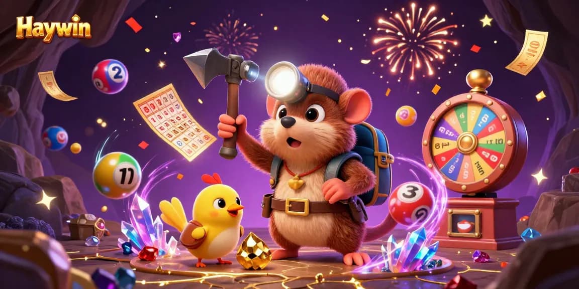 Haywin showcases a treasure hunter mole character mining gold while celebrating casino wins with colorful elements in a vibrant scene.