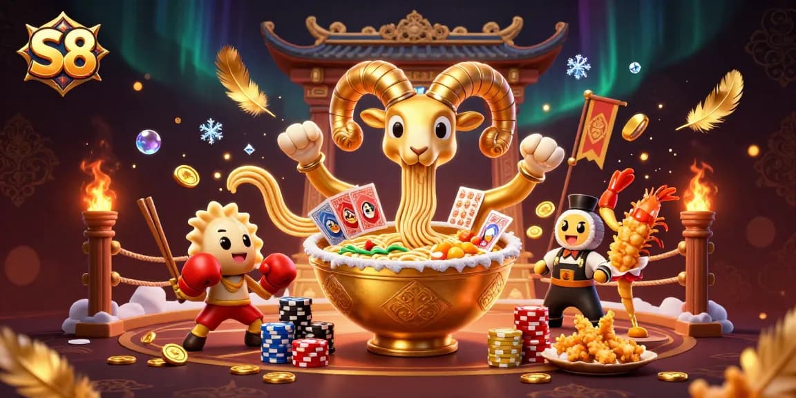 S8 introduces thrilling gaming with a vibrant 3D scene featuring a ramen bowl dealer and sushi characters.