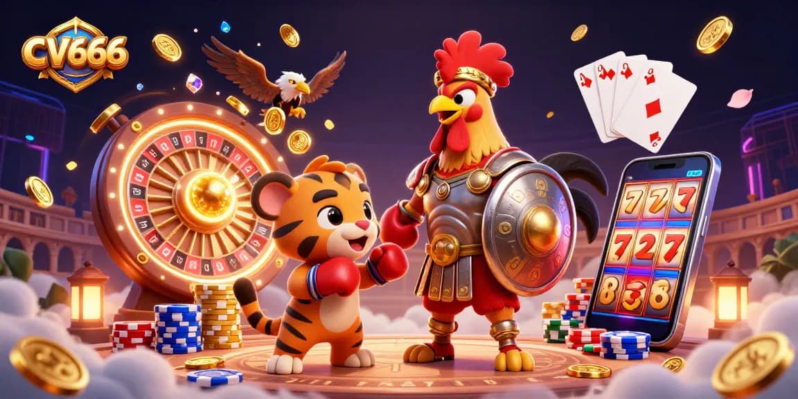 Engage with CV666's thrilling online gaming experience featuring a 3D gladiator rooster, a tiger cub, and casino elements.