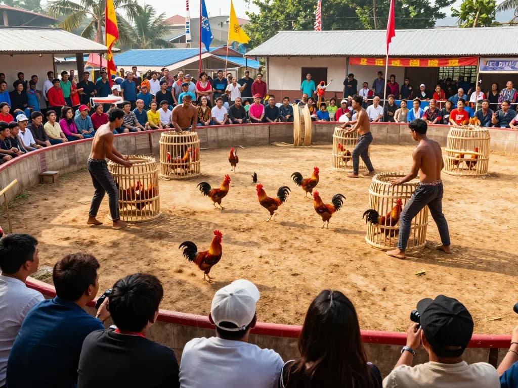 Watch đá gà trực tiếp as enthusiastic spectators enjoy the thrill of rooster fights in vibrant arena atmosphere