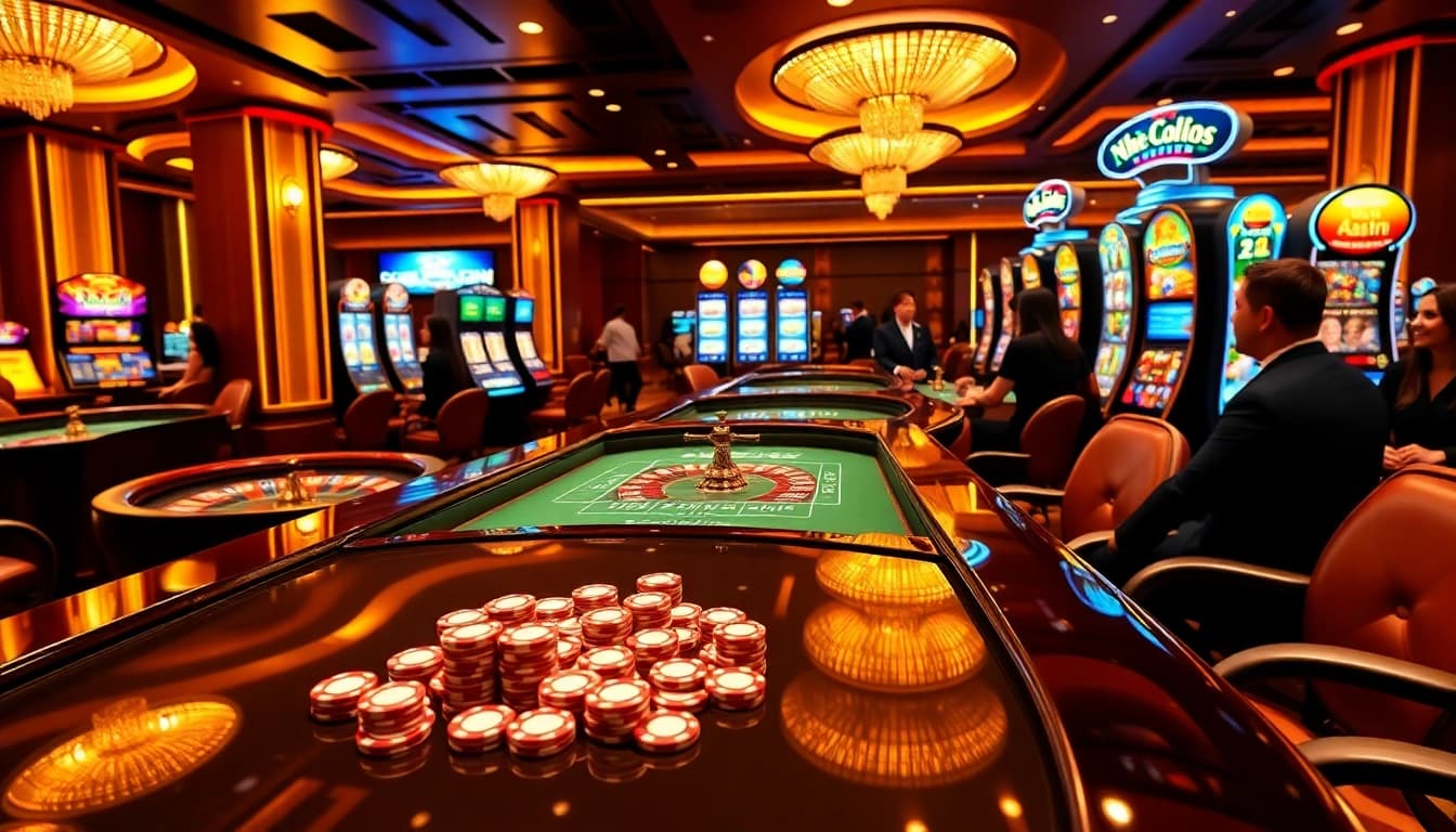 Exciting gameplay at nhà cái 13win, showcasing luxurious casino tables and vibrant slot machines.