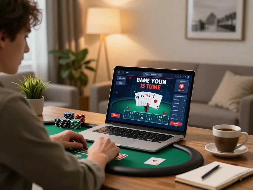 LV88 player engaging in strategic online poker from a stylish home setup, showcasing responsible gaming.