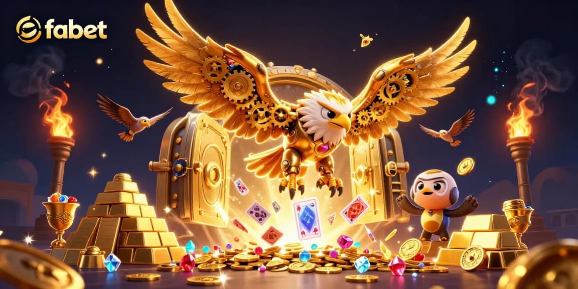 Experience fabet's thrilling world with a cybernetic eagle amidst cascading cards and riches.