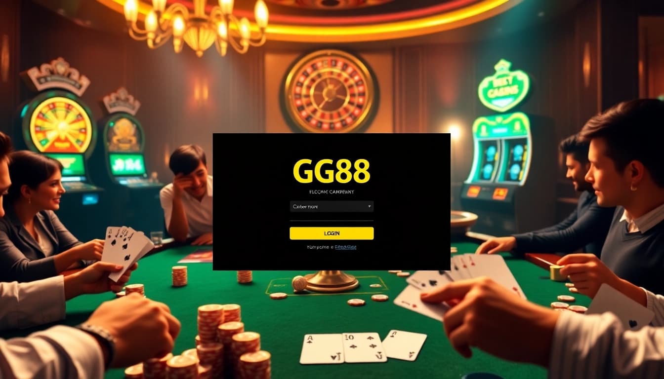 Engaging casino scene showcasing the gg88 login interface with players at the poker table.