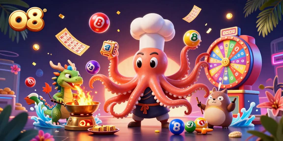 Experience thrilling gameplay at o8 with colorful slot reels and dynamic lottery balls in a vibrant casino scene.