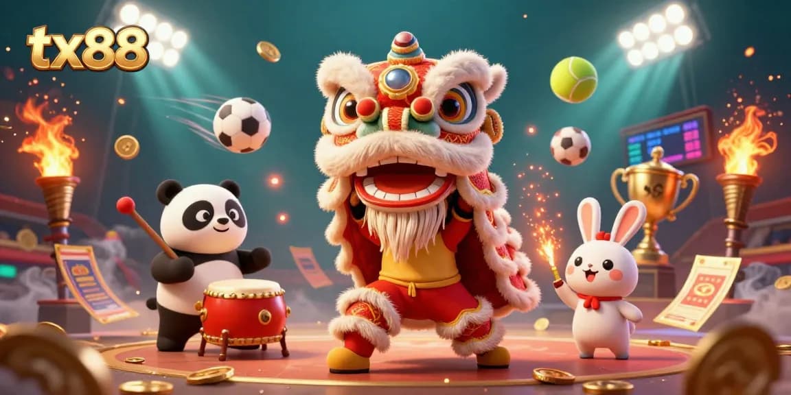 Experience vibrant celebrations at tx88 with animated lion dance, playful characters, and dynamic gambling elements.