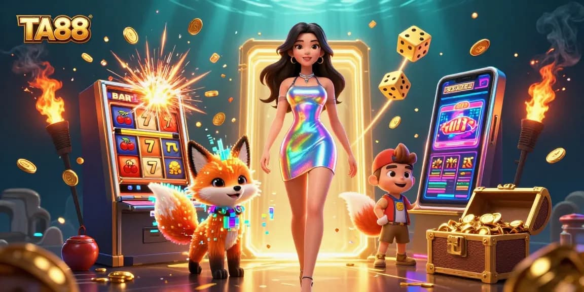 Engage with TA88 through a vibrant 3D illustration showcasing exciting casino gaming elements.