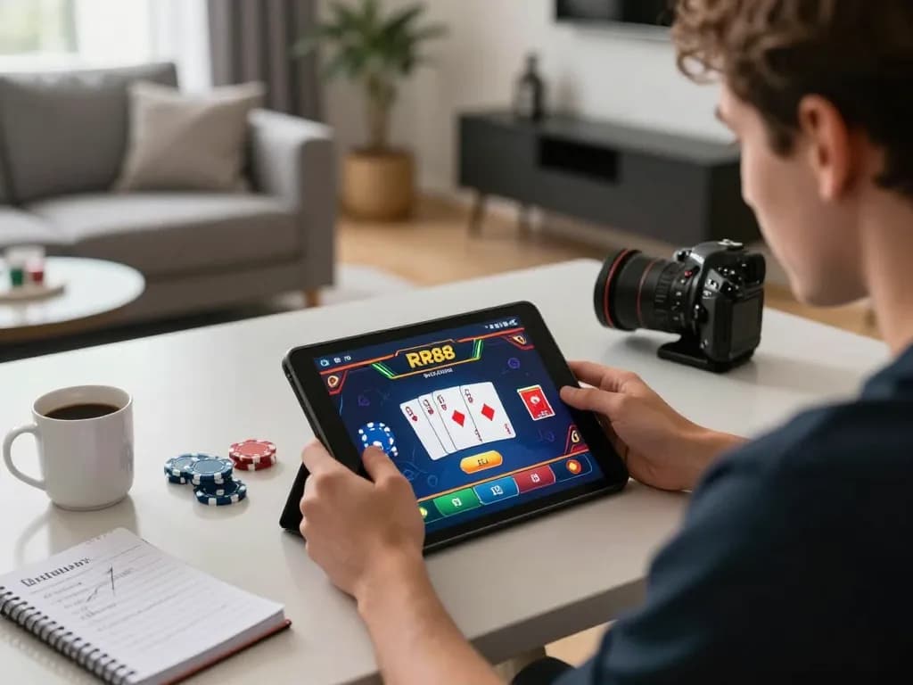 Player engaged in RR88 casino game on tablet, showcasing an inviting and strategic online gaming setup.
