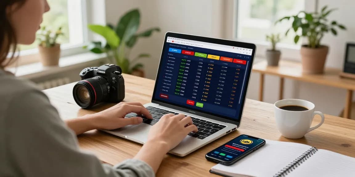 Zahraniční sázkové kanceláře v příjemném prostředí, uživatel zkoumá bonusy a kurzy na laptopu.