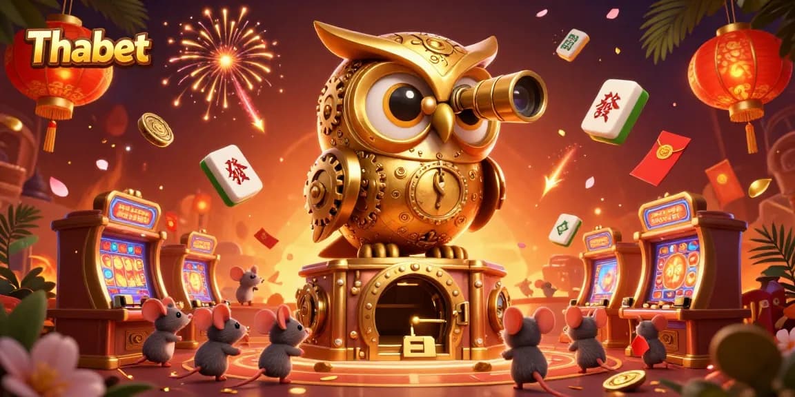 Experience the vibrant casino floor at Thabet with a golden owl and bustling patrons among slot machines.
