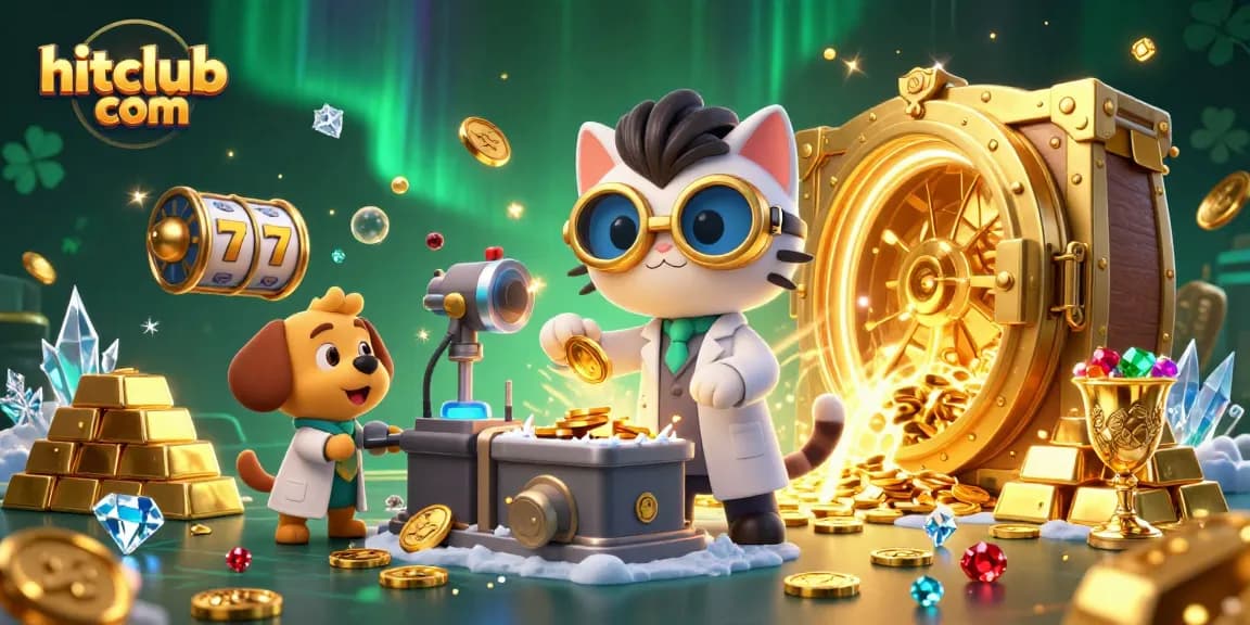 Engage with hitclub com's vibrant casino scene featuring a scientist cat and assistant dog amidst casino treasures.