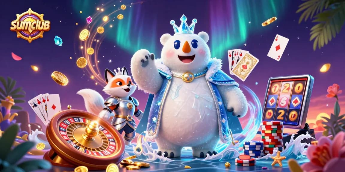 Experience thrilling gaming at sumclub with a polar bear king and snow fox in a dynamic casino scene.