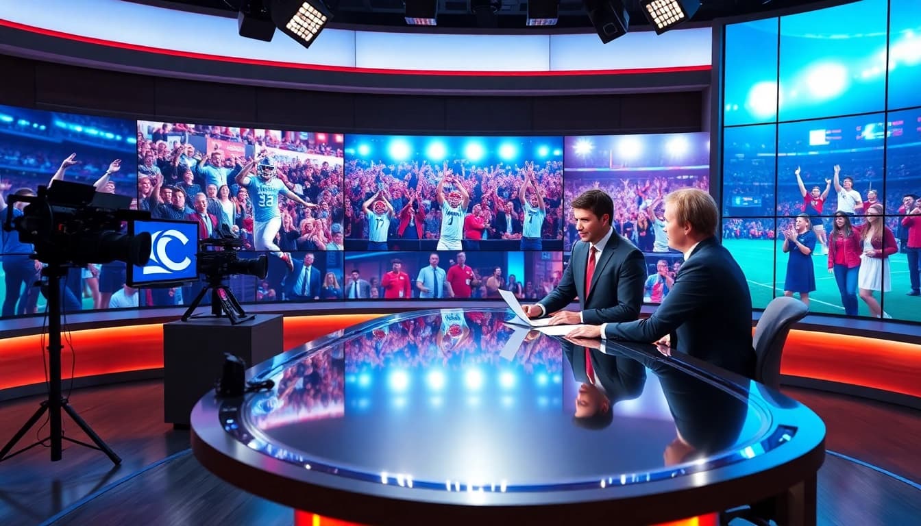 Engaging sports broadcasting scene showcasing anchors discussing thrilling moments in sports.