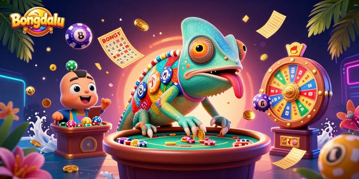 Bongdalu chameleon capturing golden coins amidst colorful casino elements in a vibrant 3D scene.