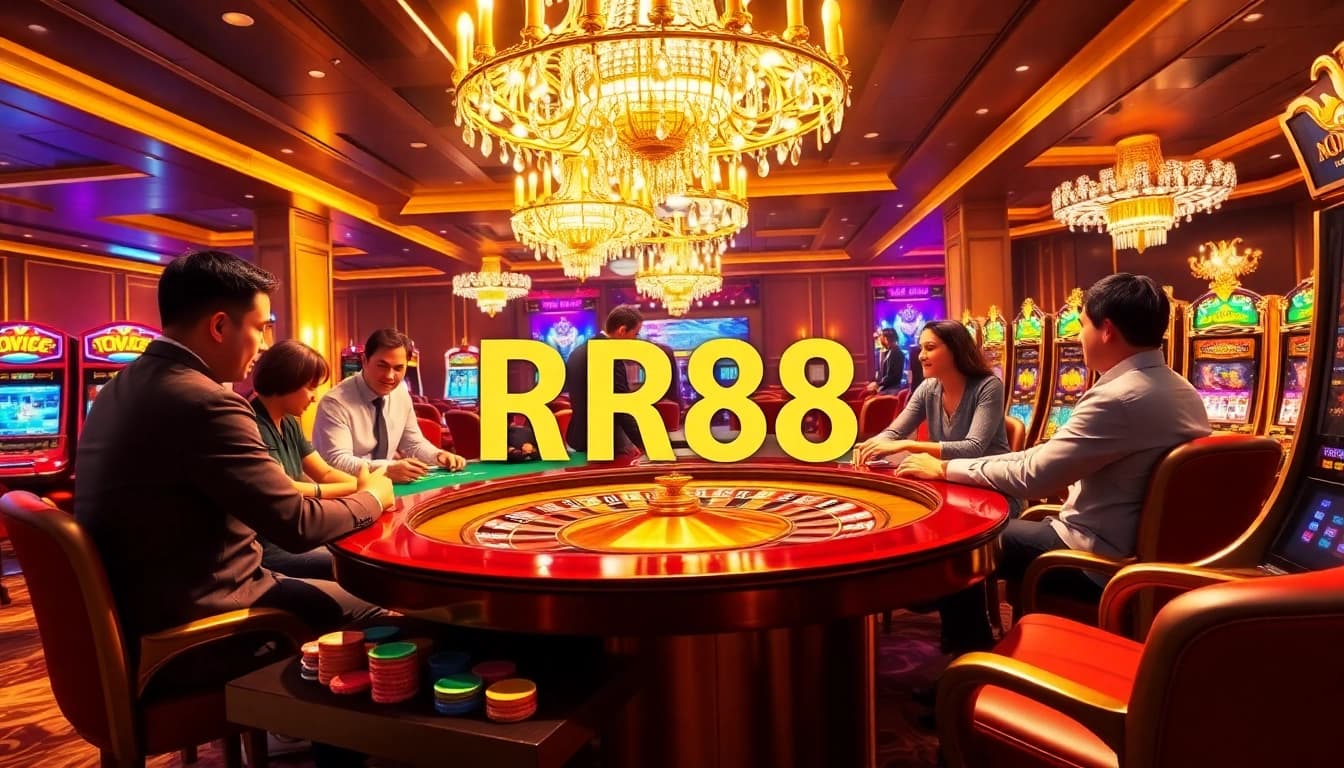 Experience the thrilling atmosphere of RR88 with players enjoying poker and roulette in a luxurious casino.