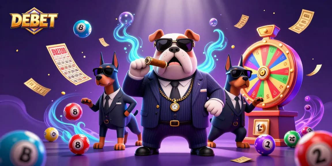 Engage with DEBET's ultimate online gaming experience featuring a mafia bulldog and dynamic lottery elements.