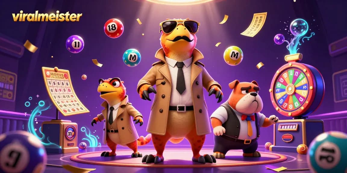 Viralmeister raptors in trench coat entering a casino, surrounded by lottery balls and colorful elements.