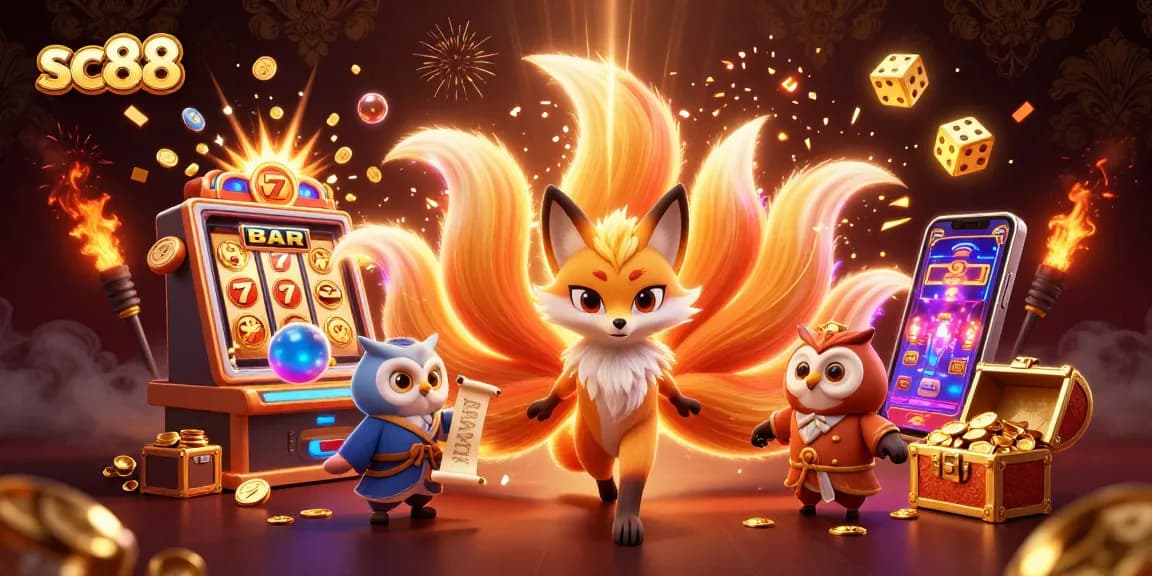 Experience winning excitement with sc88 in this vibrant 3D casino illustration featuring a fox spirit, wise owl, and dynamic gaming elements.