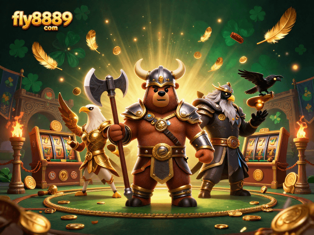 Engage with the thrilling atmosphere at fly8889 com, featuring a dynamic Viking scene with epic gambling elements.