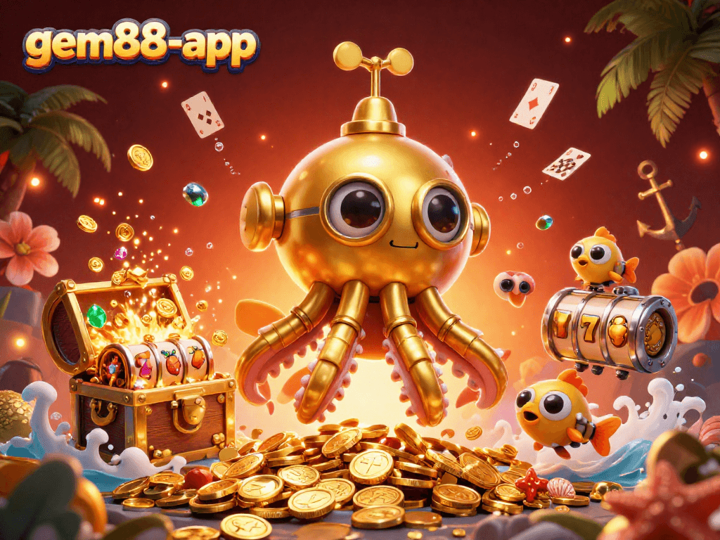 Engage with the gem88-app in a thrilling underwater gambling adventure, featuring a golden kraken submarine.