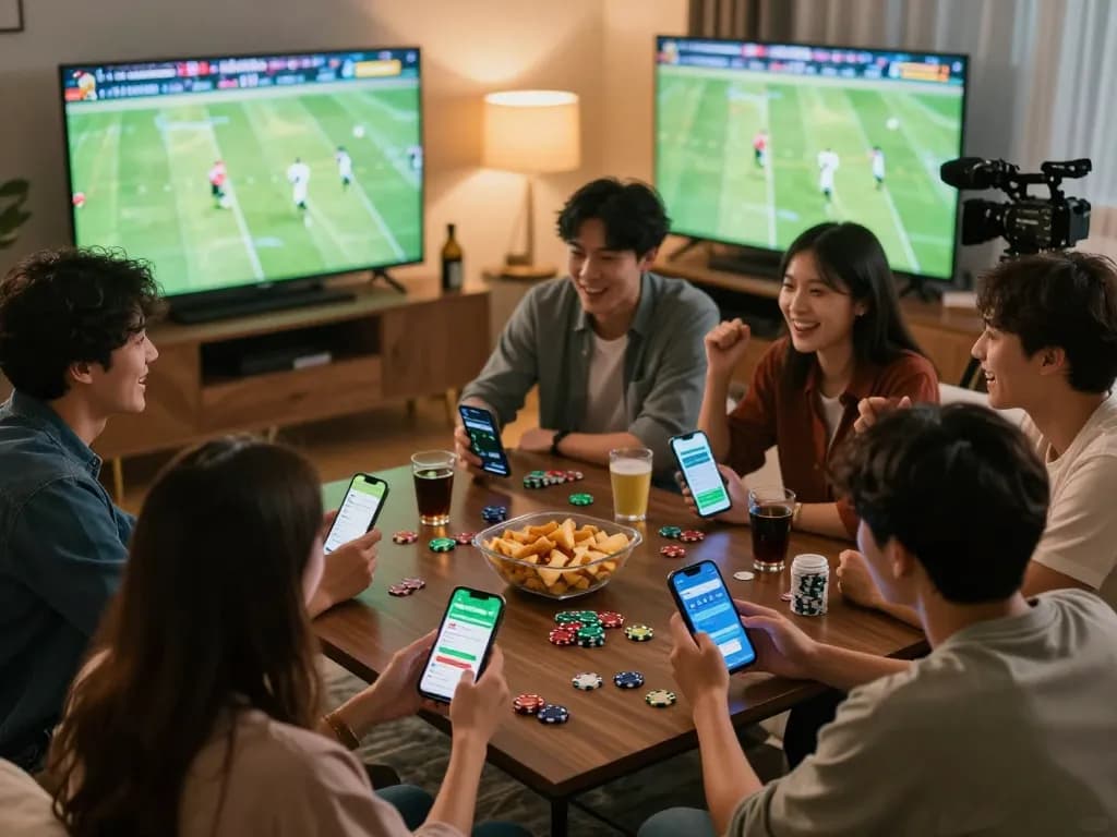 Socolive sports betting scene with friends enjoying live match, capturing excitement and engagement.