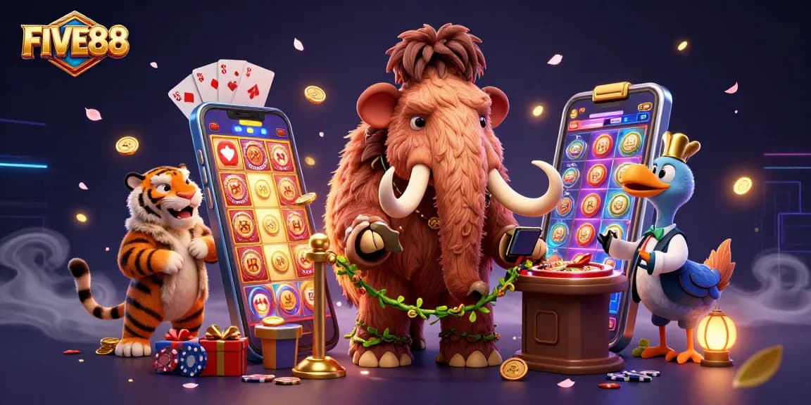 This illustration captures FIVE88's vibrant casino atmosphere with a bouncer mammoth and dazzling game elements.
