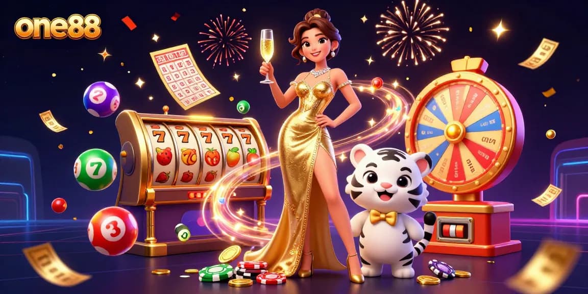 Experience luck with one88 in this vibrant 3D casino illustration showcasing a glamorous winner and a lucky tiger cub.