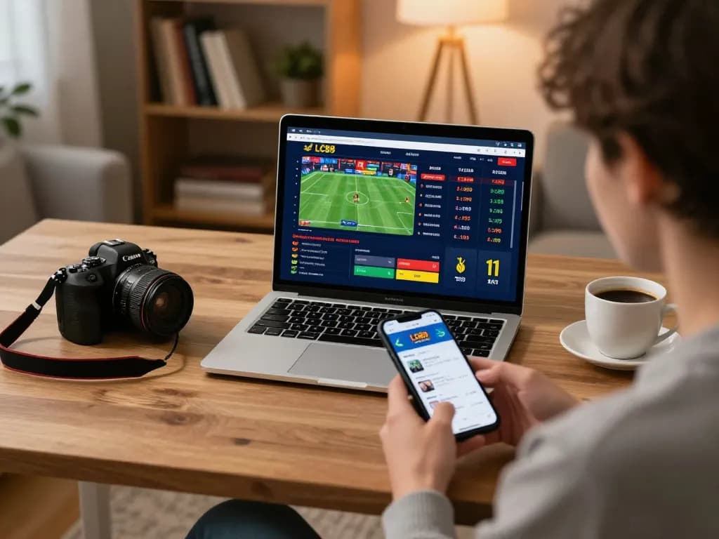 Engaged player using LC88 mobile app for sports betting in a cozy home office setting.