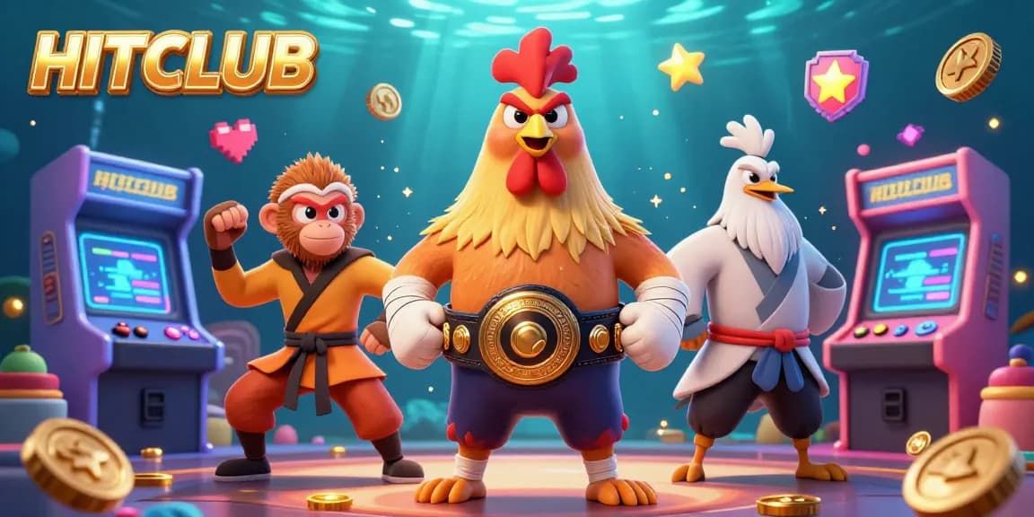 Engage in thrilling gameplay at HITCLUB with a 3D cartoon illustration featuring dynamic characters and gaming elements.
