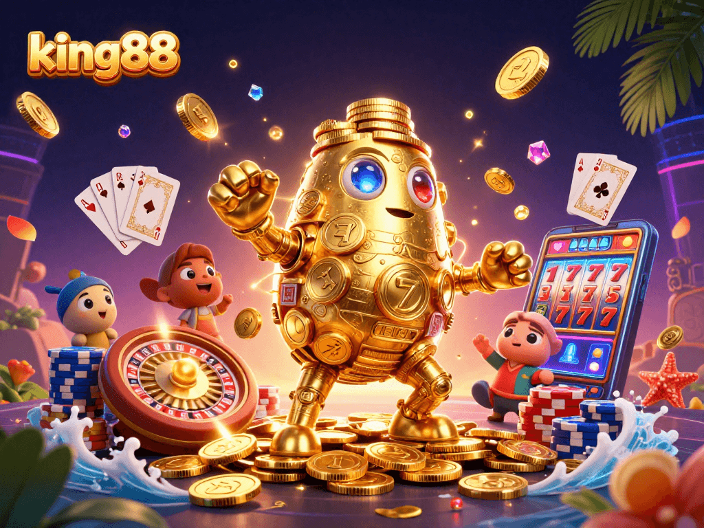 Experience winning moments with king88 in a vibrant 3D casino illustration showcasing games and excitement.