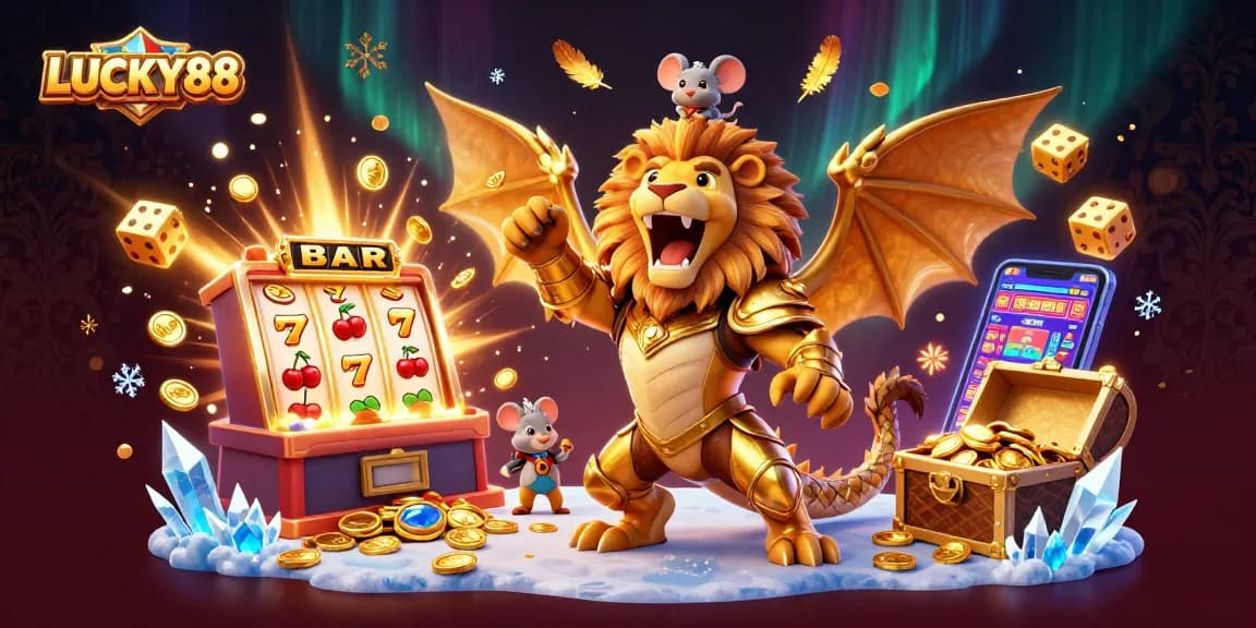 Experience LUCKY88 with vibrant wins in a dynamic 3D casino illustration, showcasing thrilling game elements.