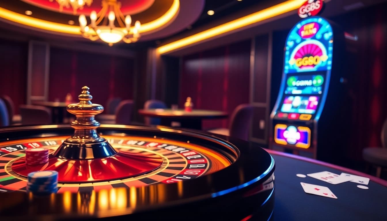 Play exciting roulette at GG88's luxurious casino featuring polished chips and cards.