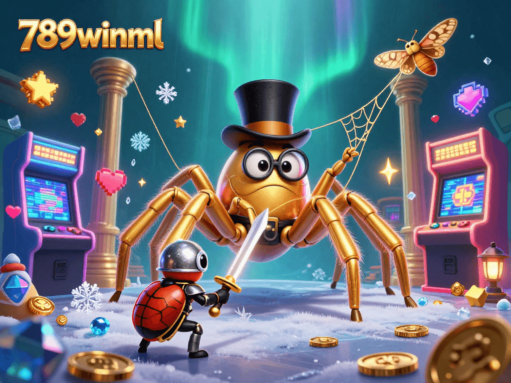 Experience thrilling adventures in 789winml with a golden tarantula and brave beetle knight, amid vibrant casino elements.