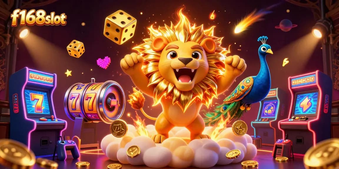 Engage with f168slot as a vibrant cartoon sun lion roars above lively slot game elements.