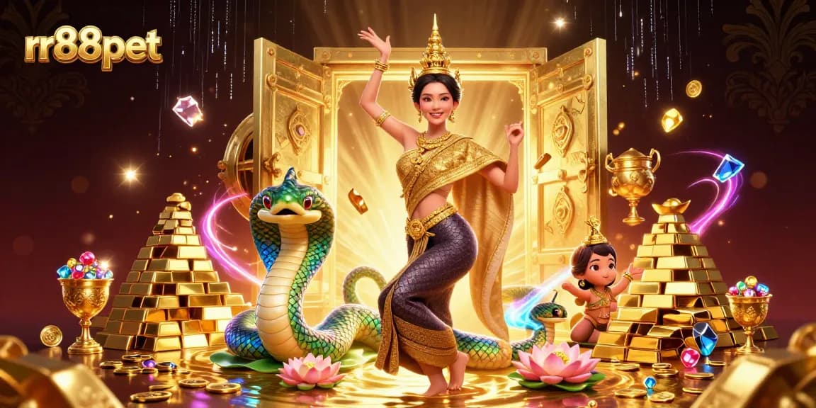 Spin jackpots at rr88pet with a dazzling Thai dancer and rainbow Naga serpent.