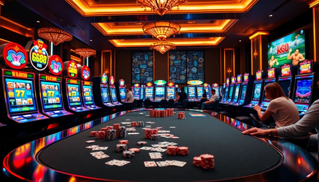 GG88 online casino scene with vibrant lights, gaming tables, and excited players