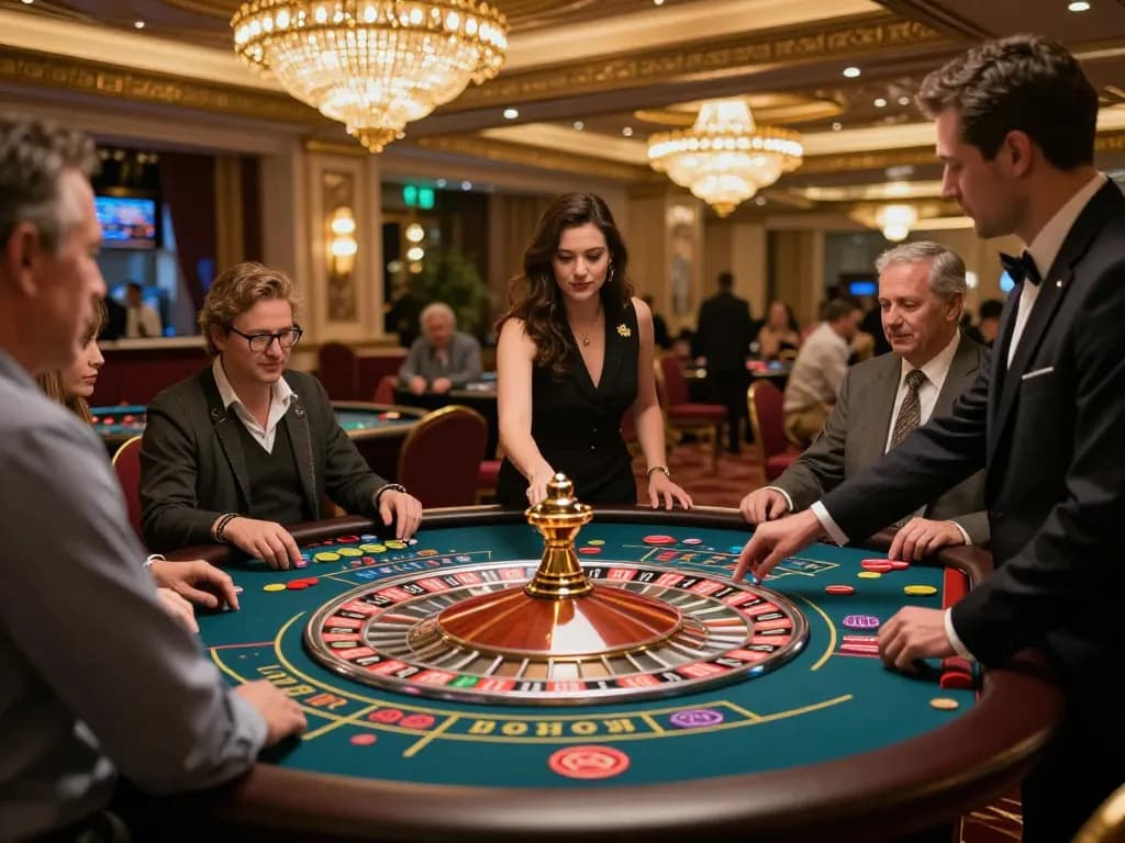 Players engaging in thrilling roulette gameplay at nhà cái MM88, vibrant casino atmosphere with croupier spinning the wheel