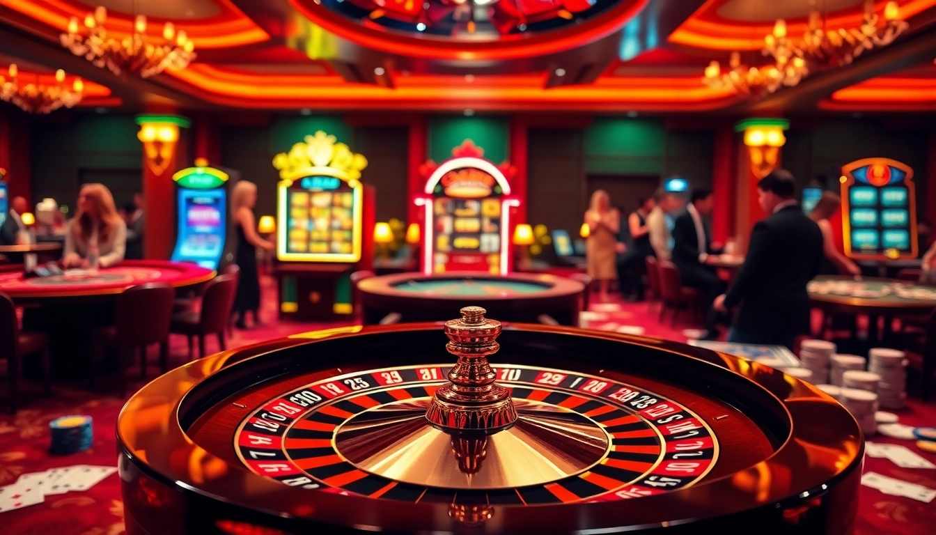 Gamble at https://f168.vision/ with excitement at a luxury casino featuring roulette and slot machines.