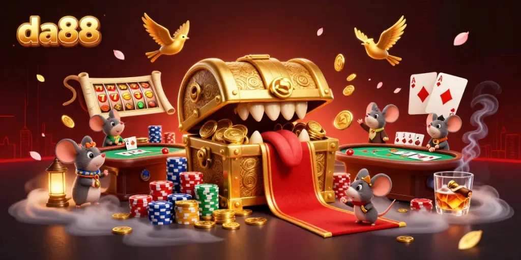 Engage with thrilling slot games at da88, showcasing a vibrant 3D casino scene with rich elements.