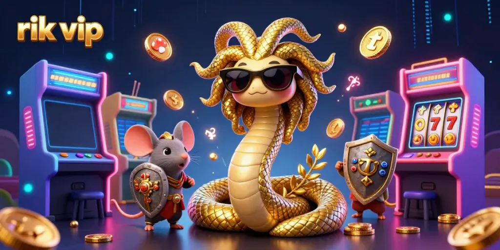 Engage in thrilling gameplay with rik vip in this vibrant casino-themed digital illustration featuring Medusa and a warrior mouse.
