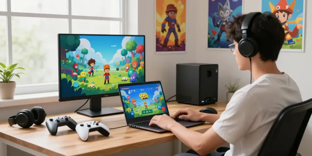 Engaging home gaming scene showcasing rokok88 alternatif educational game experience.