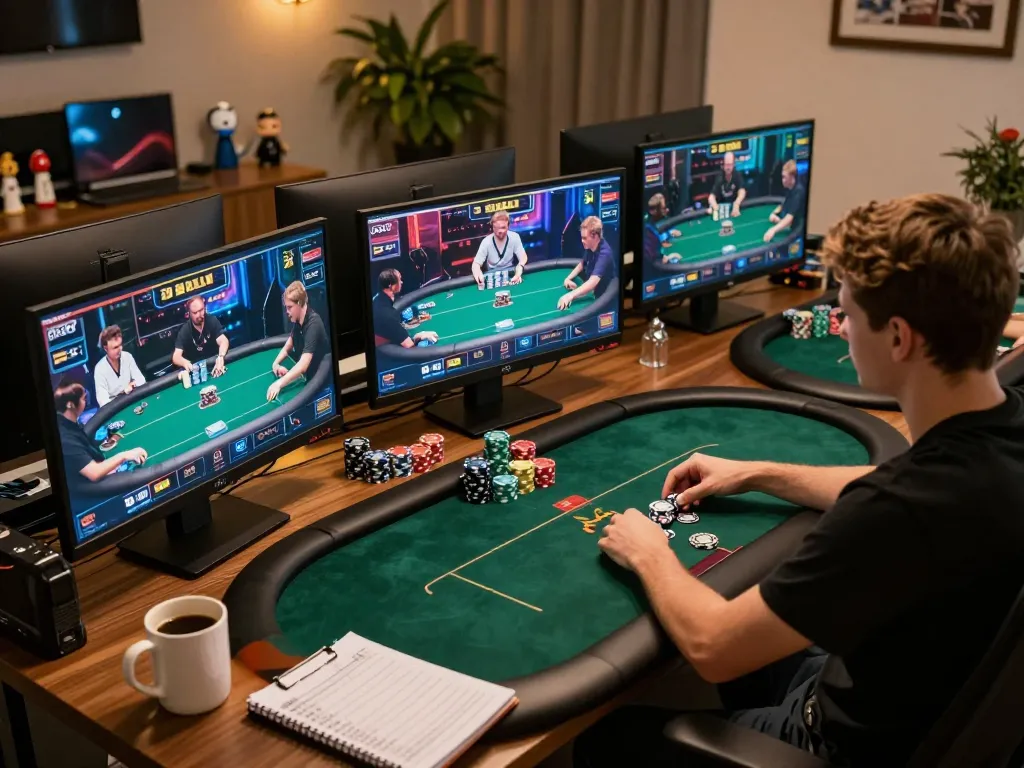 Engaging online poker session on multiple screens with a strategic overview of qq88 gameplay