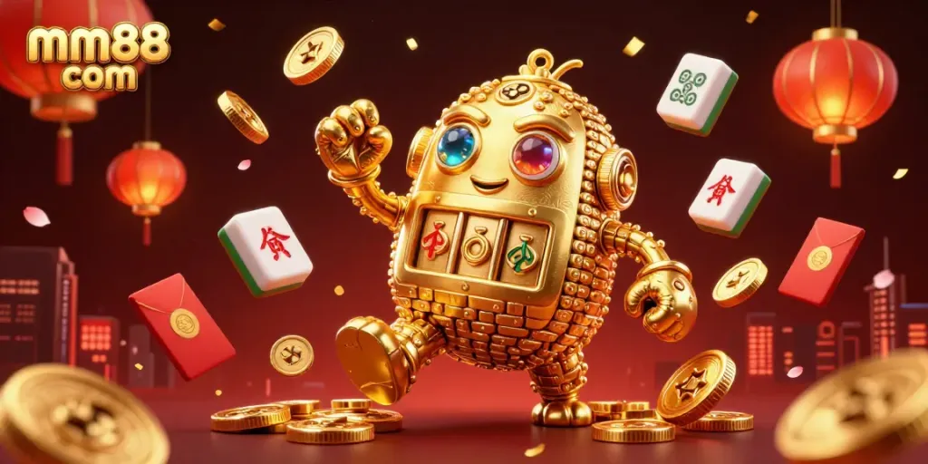 Engage with MM88 com's enchanting casino world featuring a golden golem and festive elements.