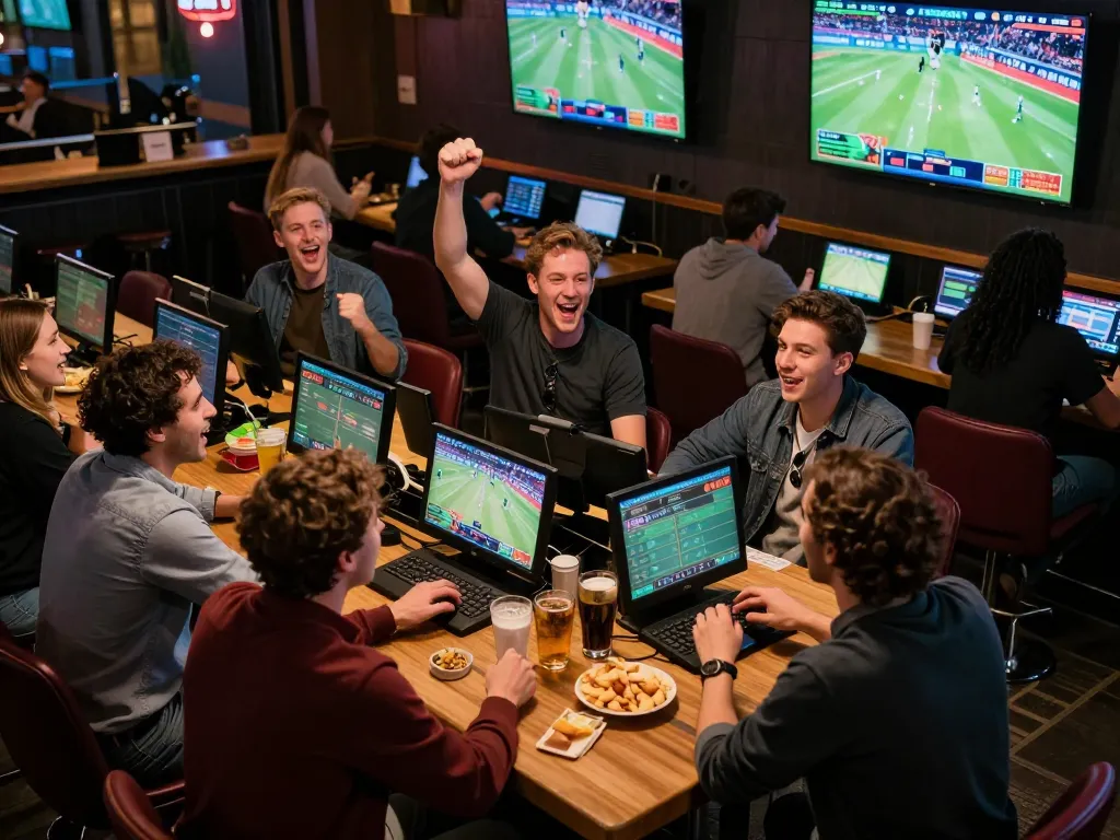 Engaged group enjoying sports betting at Trang game RR88 bar, cheering and strategizing.