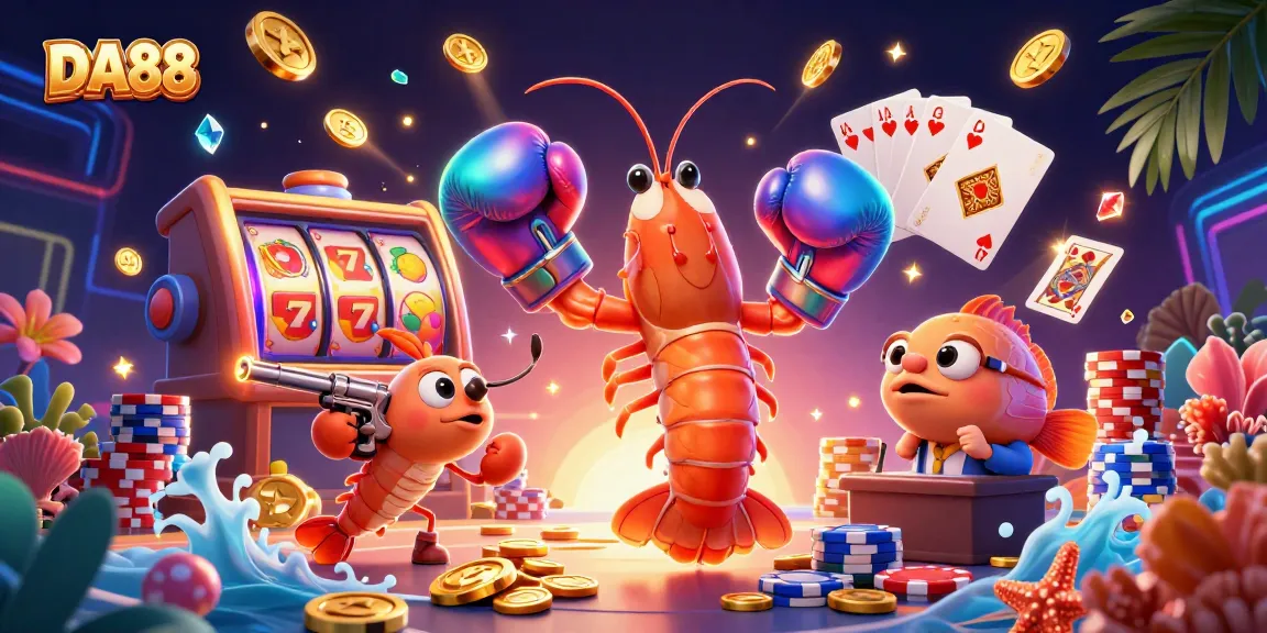 DA88 showcases a vibrant casino scene with animated shrimp characters celebrating wins with slot reels.